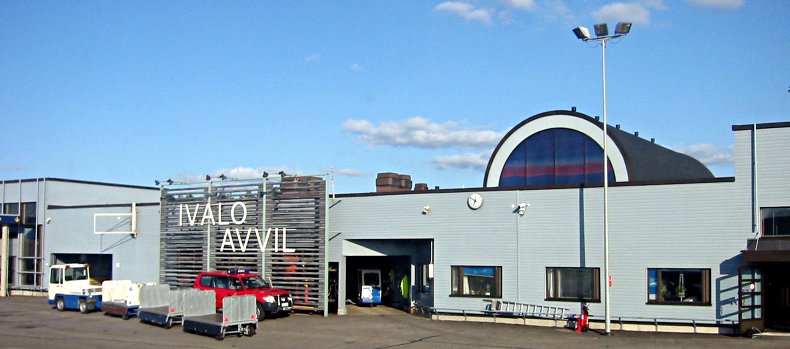 Ivalo airport terminal in a snowy winter setting.