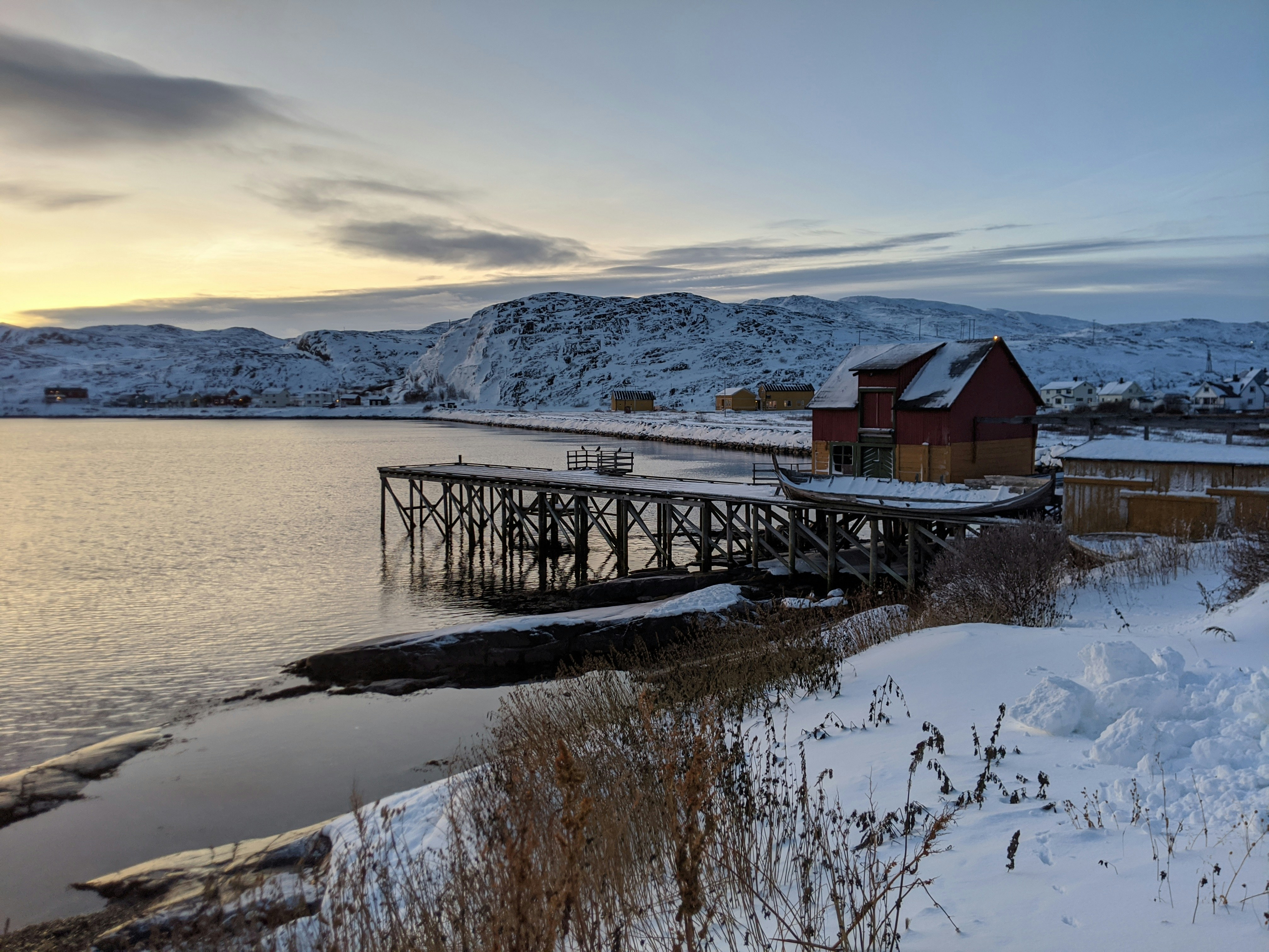 Bugøynes fishing village beside the Varangerfjord in winter.