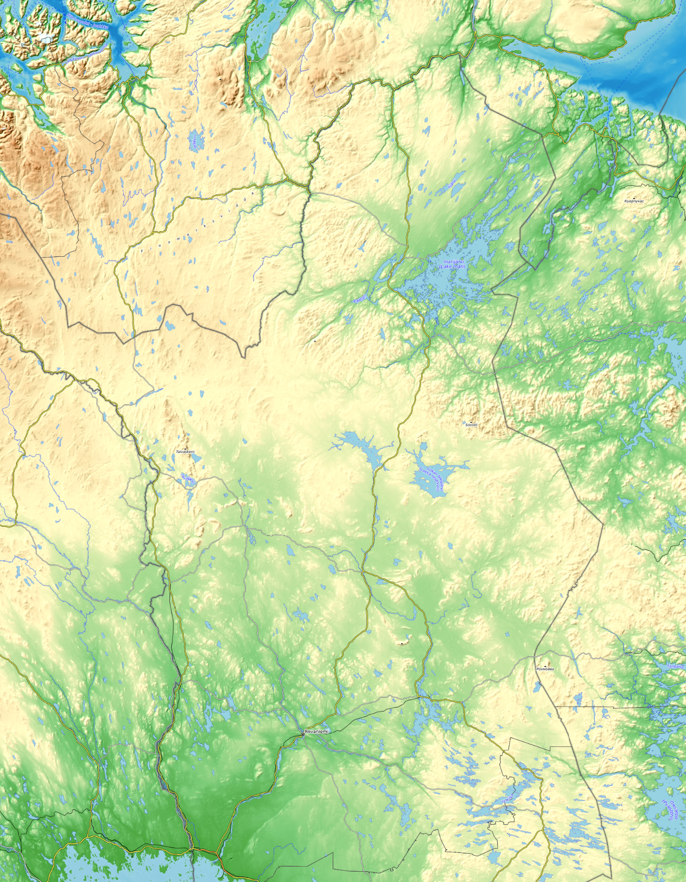 Warm route-guide map of Finnish Lapland